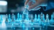 © Beauver - Strategic thinking in a chess game, a hand moves a king piece on the chessboard. The board's futuristic look enhances the strategic moment
