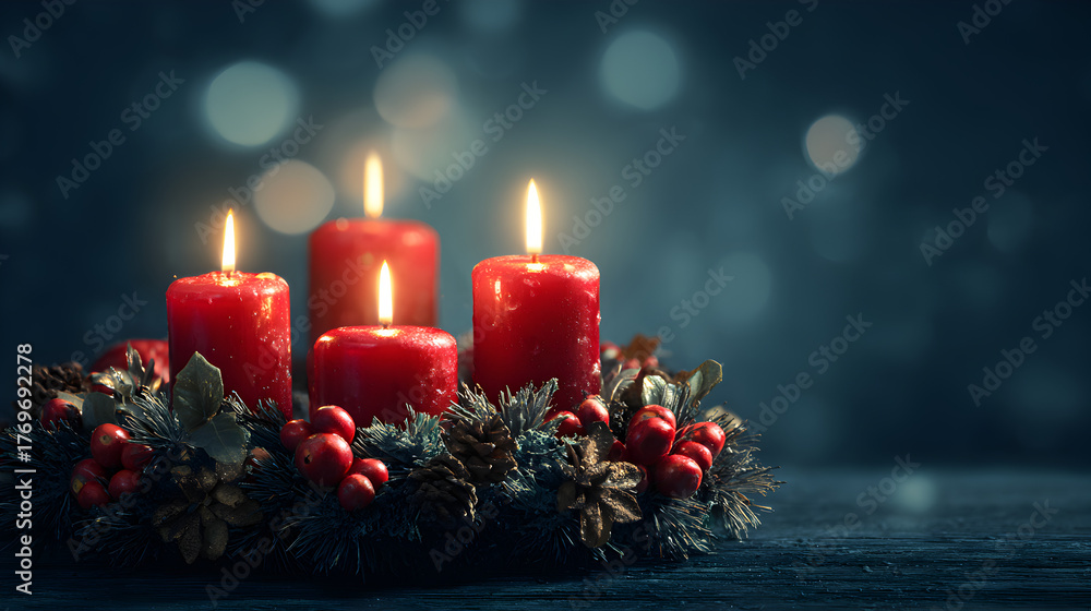 una corona de adviento con velas rojas encendidas y guia de pino ...