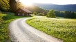 © Tarinee - Peaceful countryside landscape featuring wooden home dirt path and flower meadow under golden morning light