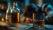 © Johannes - alcoholism alcohol addiction and people concept  male alcoholic with glass of whiskey and bottle lying or sleeping on table at night no logos no brands ar 169