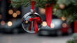 © syhin_stas - Transparent christmas ball ornament, adorned with a red bow, features a sleek miniature dark grey sport car and a shiny key, anticipating the thrill of a big-ticket holiday gift
