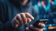 © Johannes - crypto trader investor broker holding finger using cell phone app executing financial stock trade market trading order to buy or sell cryptocurrency shares thinking of investment risks profit concept