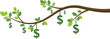 © Shihab Creative - Conceptual illustration of a tree branch with dollar signs hanging from the leaves, symbolizing money, growth, investment, profit, financial success, and business concepts, isolated vector.
