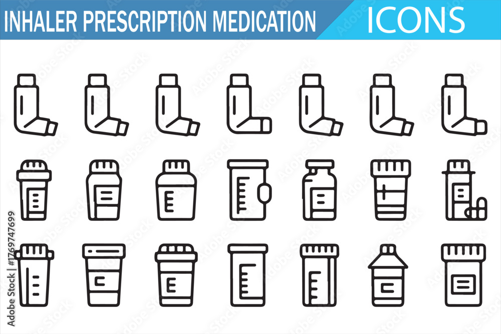 Medical outline symbols — inhalers, drug bottles, and pharmacy labels ...