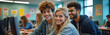 © Pete - Diverse group of smiling high school students in computer lab. Young people learn together on tech projects. Peers work on academic tasks at workstations. Future generation uses modern computers.