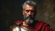 © Pete - Mature roman general with grey beard and armor. Red cloak draped over his shoulder. He looks serious, strong and powerful. Historical portrait with dramatic lighting. Ancient warrior face.