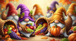 © PhotoArtHub - Illustration with gnomes and cornucopias filled with fruit and pumpkins, representing harvest and abundance, suitable for Thanksgiving concepts