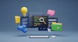 ©  MD Rakib - 3d illustration of coding and software development with digital tools and icons