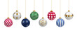 © Design Thinker - Christmas ornament ball hanging vector set, red, green, blue, gold baubles with stripes, stars, snowflakes pattern, Holiday decorations design elements isolated on white background. PNG, Transparent.