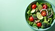 © Pete - Fresh salad in bowl with spinach lettuce cucumber cherry tomatoes red onion broccoli. Vibrant colours, healthy food for menu, print, website. Natural diet meal.
