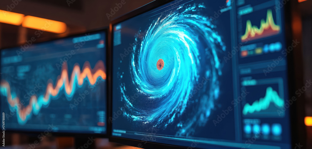 Screens show hurricane vortex and data graphs. Modern computer screens ...