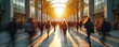 © Pete - Large group of people walk through a modern building hallway. Motion blur effect gives dynamic feel. Illustration of students in university building. Daily life in academic institution during the day.