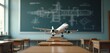 © Pete - Classroom with airplane model on desks. Blackboard aircraft drawing in background. Education concept illustration for aeronautics engineers aviation flight school. Aircraft design, mechanical