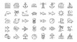 © Juan - Collection of editable line icons representing the ocean and marine life, including waves, anchors, lighthouses, dolphins, palm trees, whales, turtles, sharks, jellyfish, fish, sun, moon, beach