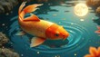 © Pete - Golden koi swims in water pond under moon light. Orange carp floats near rocks with flower. Digital art about pet fish, oriental lucky animal in lake.
