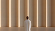 © A2Z AI  - A solitary figure in a white garment stands before a wall of vertical panels, illuminated by soft light, creating a minimalistic, contemplative scene, emphasizing solitude.