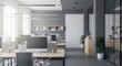 © holi - Blurred modern office interior with desks computers and bright windows