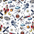 © artbalitskiy - Hand drawn space doodles seamless patterns in sketchy style with rocket astronaut or spaceman, planets and telescope. science elements for kids and educational content