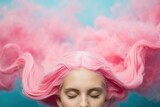 Young woman with vibrant pink hair flowing like a cloud in a serene pastel setting