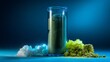 © Juan - Powder inside transparent glass jar on blue background for supplement branding or pharmaceutical wellness product photography concepts