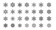 © Mary - A collection of 24 unique, minimalistic snowflake icons presented on a black background, featuring editable stroke lines and a clean, linear pictogram style perfect for winter-themed designs, holiday