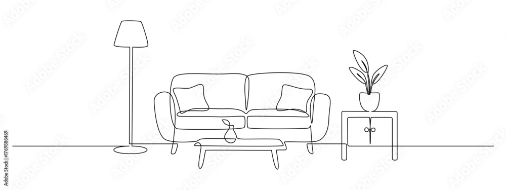 Continuous one line drawing of Sofa with lamp lampshade and home plant ...