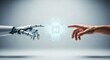 © Hammad - Artificial intelligence concept with robotic and human hands, glowing AI microchip interface, digital transformation and future technology