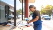 © Ryan Punnington - Sign Fabricator Applying Vinyl Lettering to Storefront Window