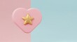 © keystoker - A shiny golden star sits in the center of pink,heart-shaped graphic,all positioned on split background with soft pastel pink and light blue colors.Christmas mood,copy space.
