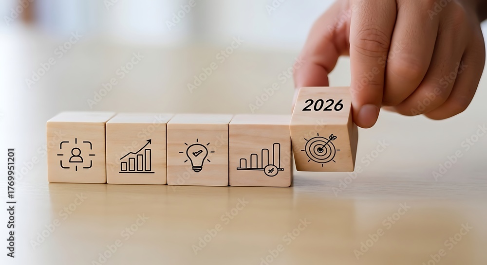 Hand placing wooden block with 2026 year on top of blocks with business ...
