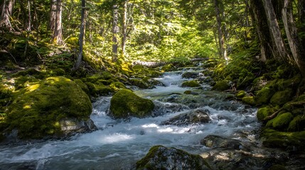  confluence. Two forest streams merging into a single river, blending water currents, mossy rocks, dappled sunlight through trees. ESG reports.