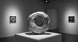 © Hatma - A geometric torusshaped sculpture sits on a white pedestal in an art gallery with paintings on the surrounding walls