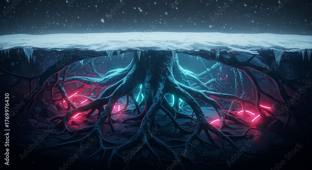 Winter wonderland ice cave revealing magical roots with glowing neon ...