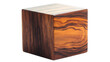 © MUHAMMAD - A single wooden cube with a unique grain pattern sitting against a black background in a studio setting on transparent background