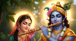 © Arif - Radha and Krishna Sharing a Flute with Divine Halos in a Bright Outdoor Setting