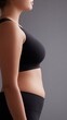 © AMK  - Woman examining her athletic stance, Side profile of woman in sports attire evaluating posture, Activewearclad woman carefully inspecting her posture during sports evaluation session