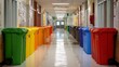 © Plaifah - Colorful Recycling Bins Lined Up in a Bright School Hallway for Waste Management and Environmental Awareness Initiatives in Educational Settings