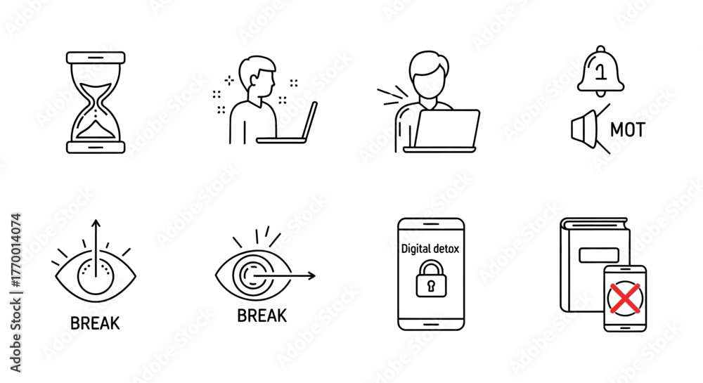 digital detox and screen time management icons illustrating work-life ...