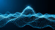 © Hasnain - Stunning blue digital network wave glowing with bright connections and particles, representing abstract data flow and technological innovation in a dark modern space.