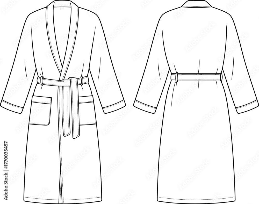 Bathrobe front and back technical fashion sketch, robe with belt and ...