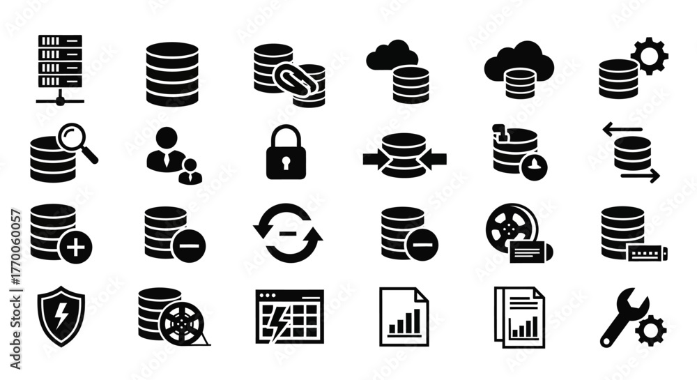 Set of glyph icons for database management, server administration, and ...