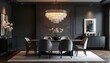© Viktor - Modern luxurious dining room interior features dark grey walls with elegant paneling. Stunning tiered crystal chandelier hangs above sleek dark dining table with comfortable chairs. White flowers,