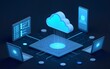 © Donna - Cloud technology, computing. Devices connected to digital storage in the data center via the Internet, IOT, Smart Home Communication laptop, tablet, phone home devices with an online. Generative AI