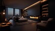 © we3_food - Luxurious modern living room with a panoramic view and a striking fireplace