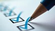 © Viktor - Close-up of a pen marking a blue check mark on a paper checklist. A task is completed, showing progress and success in organization. It means agreement done.