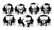 © Narmada - People seated at café tables silhouette pictogram sipping drinks and chatting, umbrellas and chairs outlined, relaxed social scene, minimal vector illustration