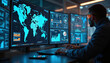 © Viktor - Man works in cyber security operations center analyzing global data on multiple monitors. Screens show world map, charts, threat intelligence dashboards. Focus on digital defense systems, real-time