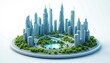 © Viktor - Futuristic city illustration with skyscrapers parks, roads on round platform. Modern buildings rise in center surrounded by green space water features, highways. Urban design concept innovation