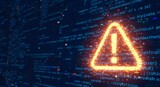 Glowing orange warning sign with an exclamation mark inside, set against a dark background of digital code and data streams, symbolizing cyber security threat or alert