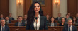 © Viktor - Woman attorney stands at lectern speaking in modern courtroom with jury present. Legal pro addresses judge and audience, presenting case with confidence. Serious discussion happens during trial.